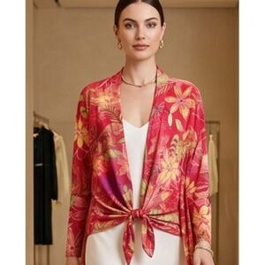 Jostar XL Vintage Red Floral Front Tie Open Cardigan Jacket Made in USA‎